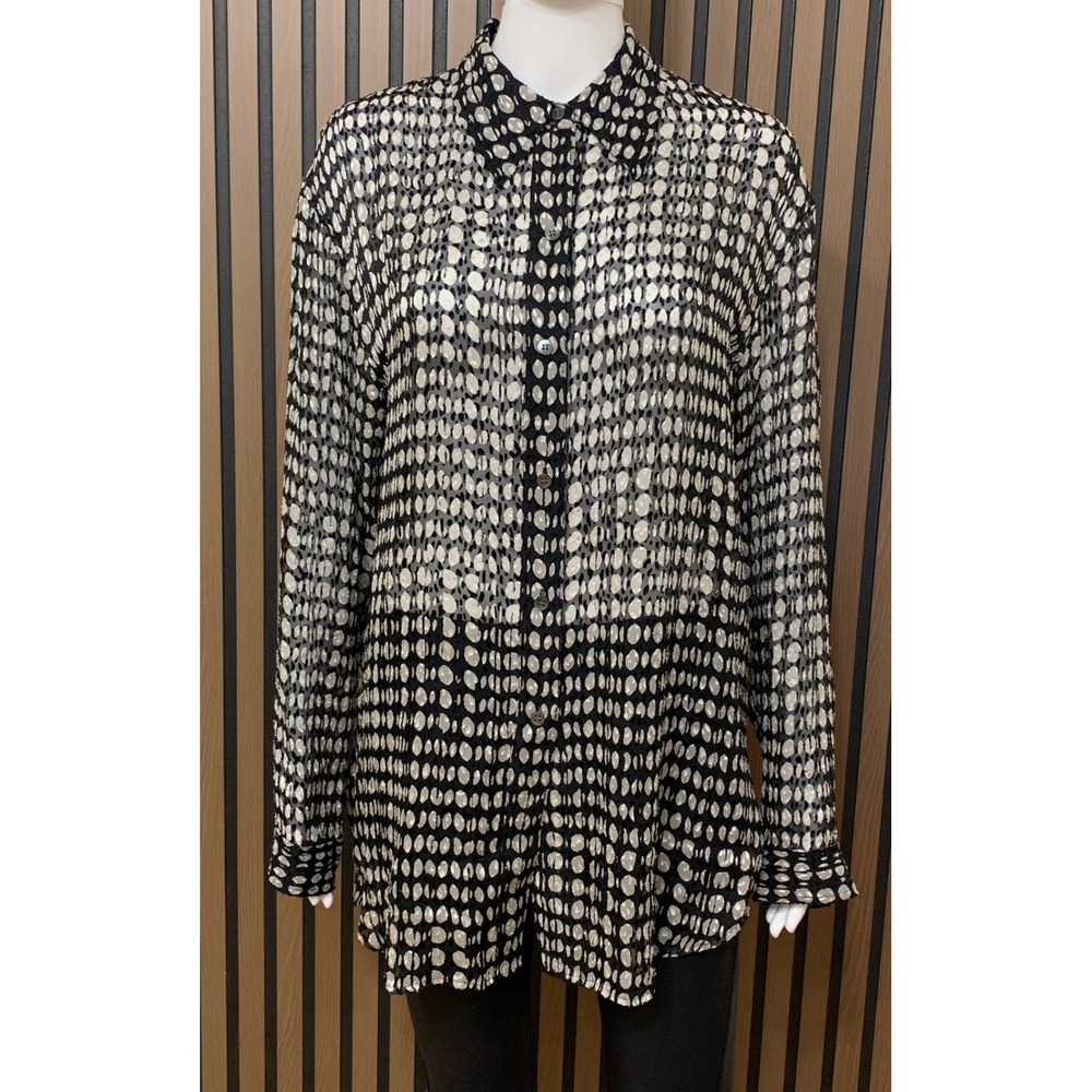 Theory Weekender Broken Oval Silk Blend Burnout Button Down Shirt Black White M